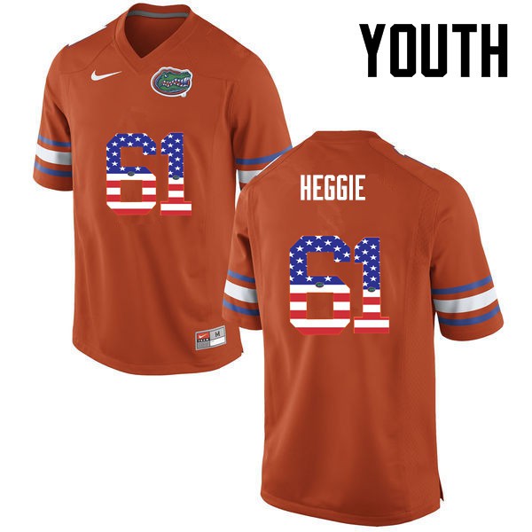 Florida Gators Youth #61 Brett Heggie College Football Jersey USA Flag Fashion Orange